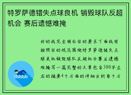 特罗萨德错失点球良机 销毁球队反超机会 赛后遗憾难掩